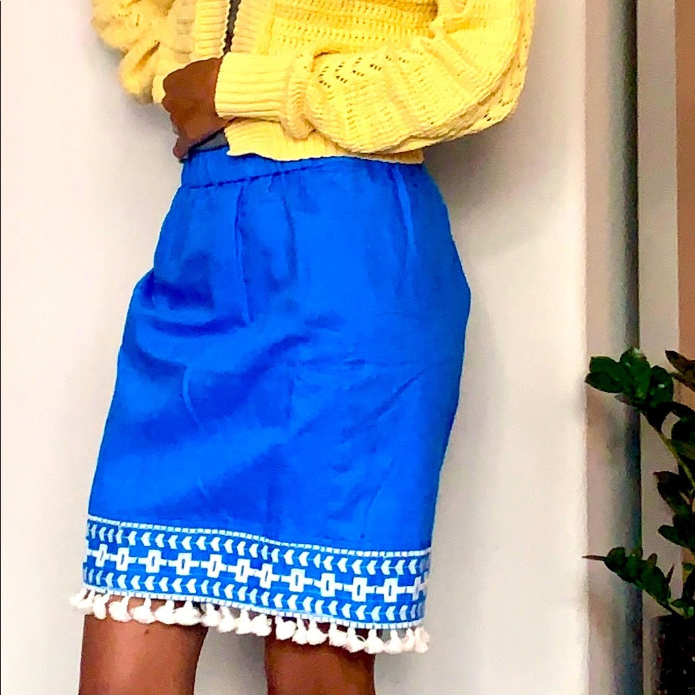 J.Crew white and blue, linen cotton blend, tassel skirt